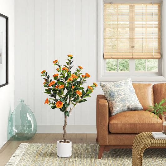 Artificial Camellia Tree Orange Blooms & Lush Green Leaves
