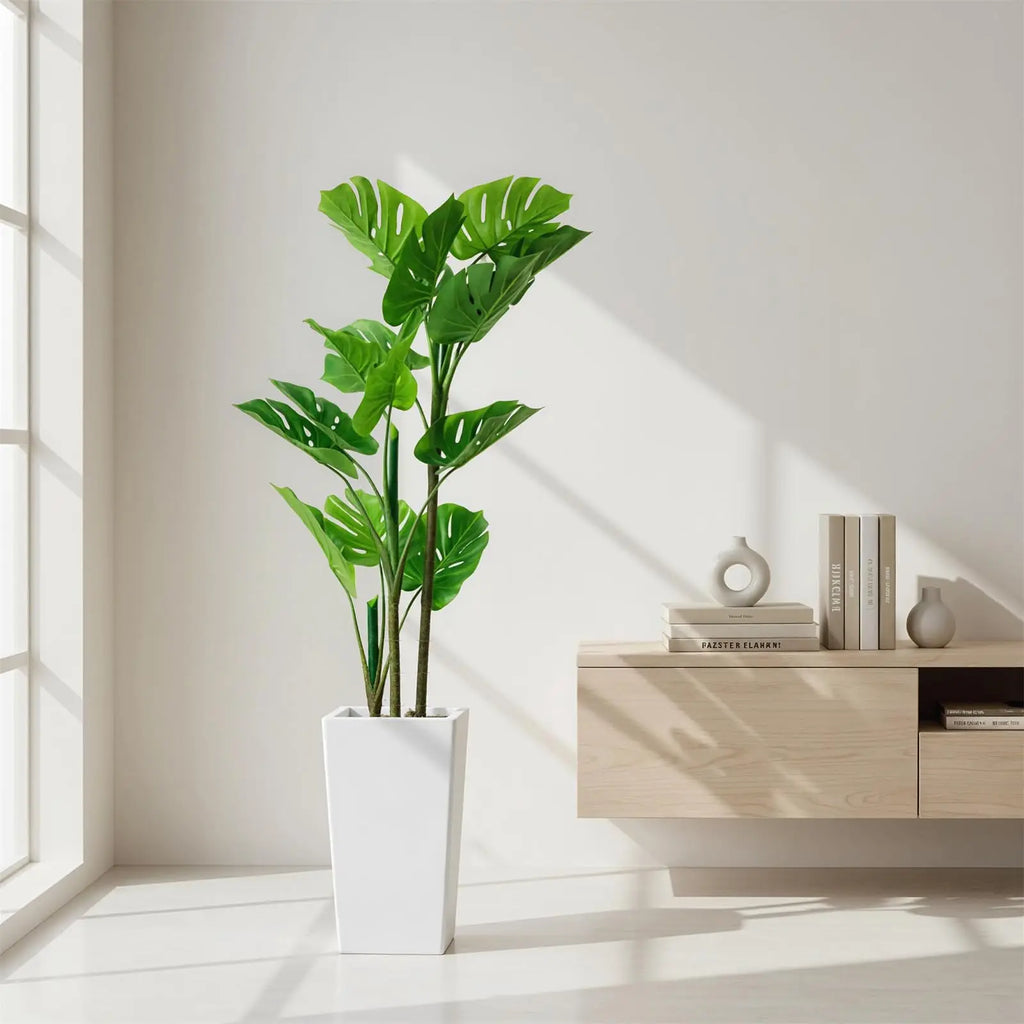 Artificial Monstera Plant Tree with Tall White Planter